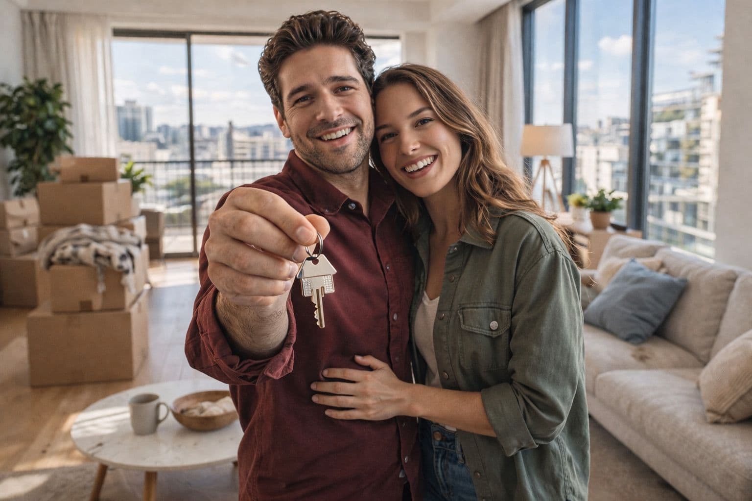 A smiling couple holding the keys to their new rental apartment, with moving boxes and a city skyline behind them